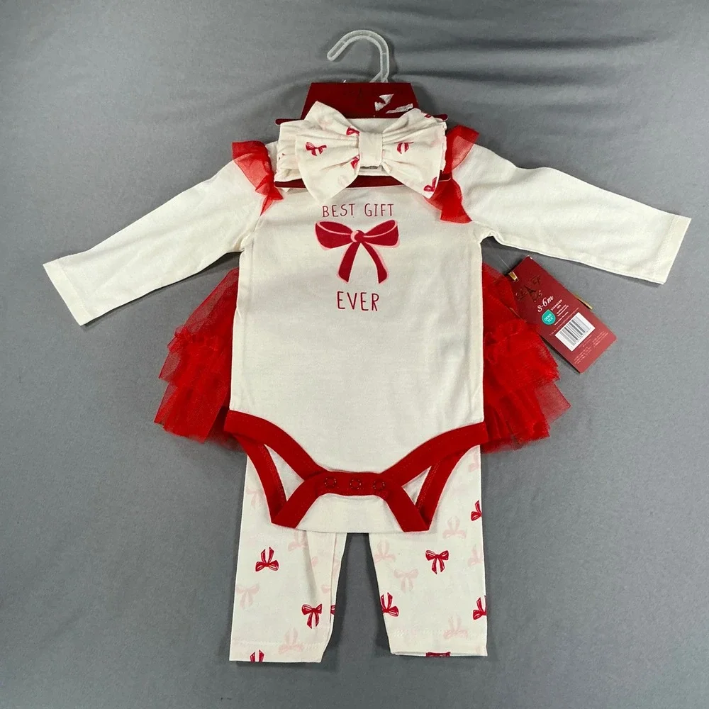 NWT Baby Girl 3-Piece Christmas Outfit Set Bodysuit Leggings Headband 3-6M